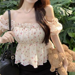 Puff-sleeve Off-shoulder Ruffle Floral Top