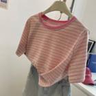 Short-sleeve Striped T-shirt Cherry Pink - One Size