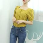 Linen Squared-neck Puff-sleeve Blouse
