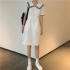 Sailor Collar Short-sleeve Buttoned A-line Dress