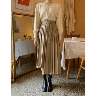 Belted Asymmetric-hem Midi Pleated Skirt