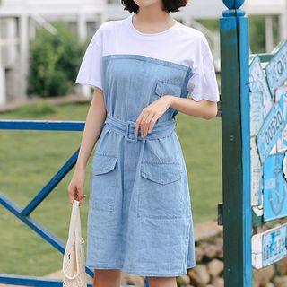 Short-sleeve Denim Panel Mini Dress
