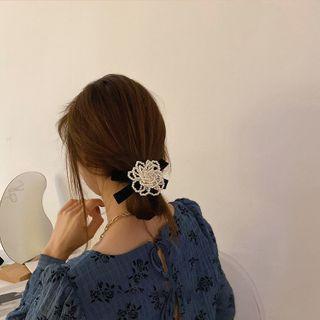 Faux Pearl Flower Hair Tie White Faux Pearl Flower - Black - One Size