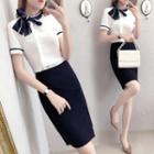 Tie-neck Short-sleeve Blouse / Mini Straight-fit Skirt / Set