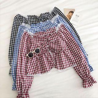 Color-block Plaid Square-neck Lace-trim Long-sleeve Blouse