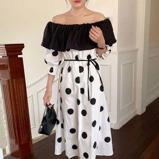 Lantern-sleeve Off-shoulder Dotted Midi A-line Dress Black & White - One Size