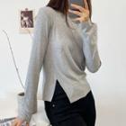 Long-sleeve Round-neck Side Slit Ribbed Top