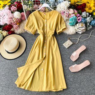 Ruched Short-sleeve Plain Shirtdress