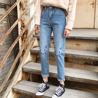 Slim-fit Cat Embroidered Washed Jeans