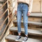 Slim-fit Cat Embroidered Washed Jeans