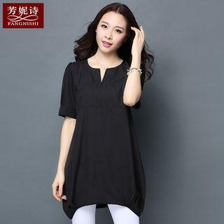 Split Neck Short Sleeve Long T-shirt