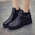Studded Buckled Faux Leather Ankle Boots