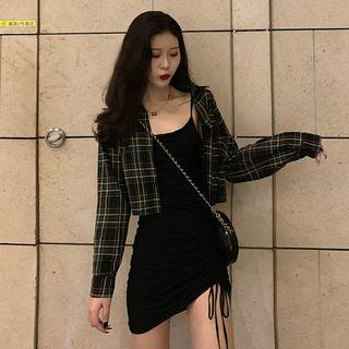 Plaid Cropped Shirt / Spaghetti Strap Drawstring Mini Dress