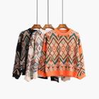 Dolman-sleeved Geometry-print Knit Sweater