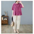 Elbow-sleeve Embroidered Top / Loose Fit Pants / Set