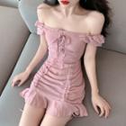 Off-shoulder Drawstring Mini A-line Dress Pink - One Size