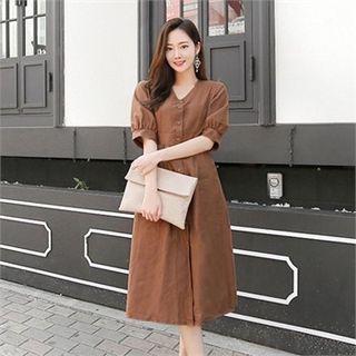 V-neck Puff-sleeve Midi Shirtdress