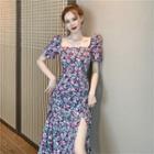 Floral Print Puff-sleeve Slit Midi A-line Dress Purple - One Size
