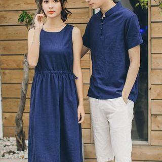 Couple Matching Set: Crew-neck Sleeveless A-line Dress + Light Jacket / Plain Short-sleeve T-shirt