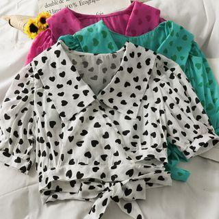 Heart-print Ribbon-back Crop Shirt