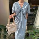 Elbow-sleeve V-neck Twisted Midi A-line Dress