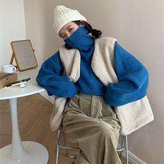 Plain Mock-neck Loose-fit Sweater/ Fleeced Vest/ Corduroy Wide-leg Pants