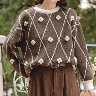 Flower Applique Argyle Sweater