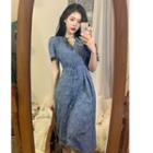 Short-sleeve Floral Print Drawstring Midi A-line Dress Blue - One Size