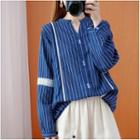Long-sleeve Striped Lace Trim Shirt Navy Blue - One Size