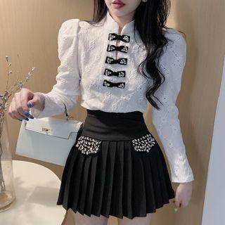 Long-sleeve Rhinestone Bow Lace Top / Pleated Mini A-line Skirt