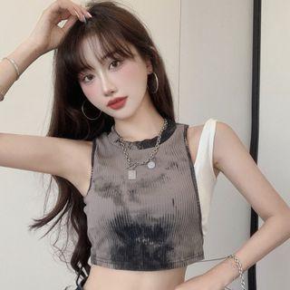Tie-dye Print Panel Mock Two-piece Crop Tank Top