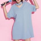 V-neck Elbow-sleeve T-shirt Dress With Polo Collar
