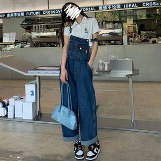 Wide-leg Denim Jumper Pants / Short-sleeve Bear Embroidered Cropped T-shirt