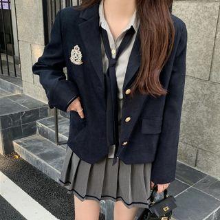 Logo Blazer / Plain Shirt / Mini Pleated Skirt / Necktie
