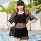 Set Of 4: Mesh Cover-up + Tankini Top + Swim Shorts + Swimming Cap