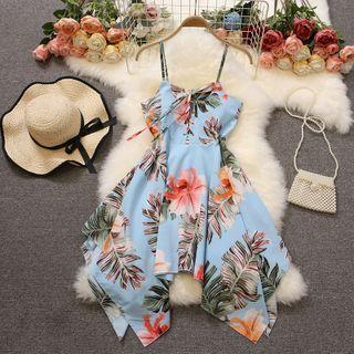 Spaghetti-strap Asymmetrical Print A-line Dress