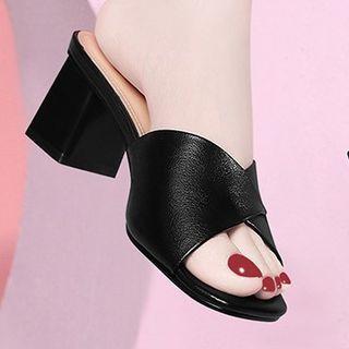 Genuine-leather Peep-toe Chunky Heel Slide Sandals