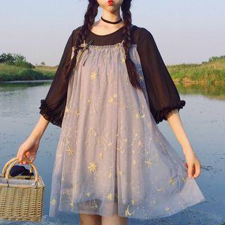Mock Two Piece 3/4-sleeve Chiffon Dress As Shown In Figure - One Size