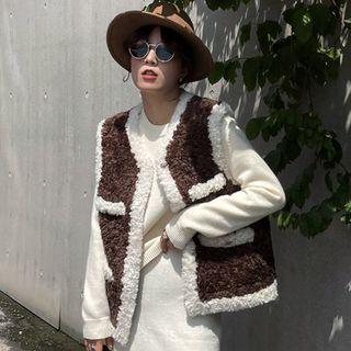Faux Shearling Trim Button-up Vest