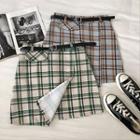 Belted Plaid Mini Fitted Skirt