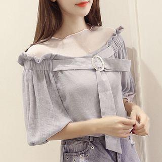 Elbow-sleeve Mesh Panel Blouse