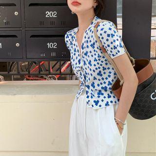 V-neck Button-up Floral Jacquard Knit Top Top - One Size