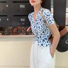 V-neck Button-up Floral Jacquard Knit Top Top - One Size