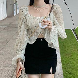 Flared-cuff Square Neck Floral Zip-up Cropped Blouse / Slit Mini Pencil Skirt
