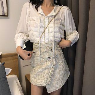 Lace Trim Blouse / Asymmetrical A-line Tweed Skirt