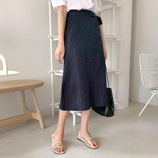 Buckled Linen Blend A-line Skirt Dark Navy Blue - One Size