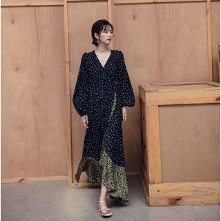 Long-sleeve Leopard Print Panel Maxi Dress