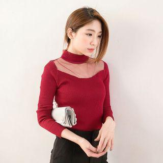 Stand Collar Mesh Panel Knit Pullover