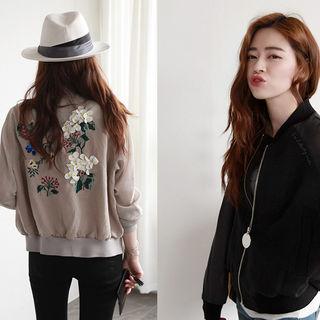 Flower-embroidered Linen Bomber Jacket