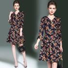 3/4 Sleeve V-neck Floral A-line Dress